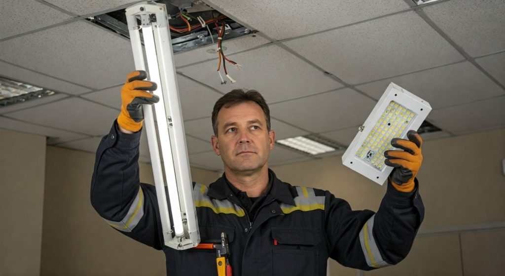 Technicien remplaçant un tube néon par un tube LED dans un plafonnier de bureau à Douala