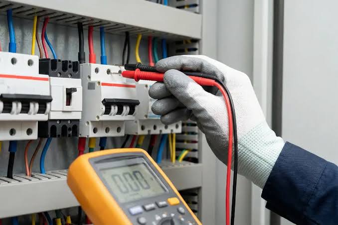 Électricien à Douala testant les circuits d'une installation avec un multimètre pour localiser un défaut